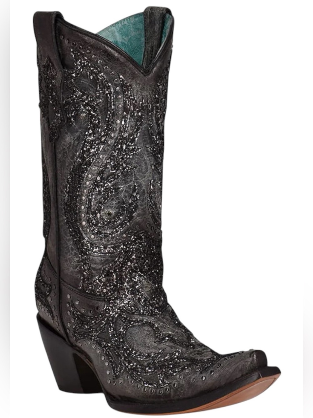 Corral Western Black Leather Embellished Overlay Crystals Studded Cowboy Boots